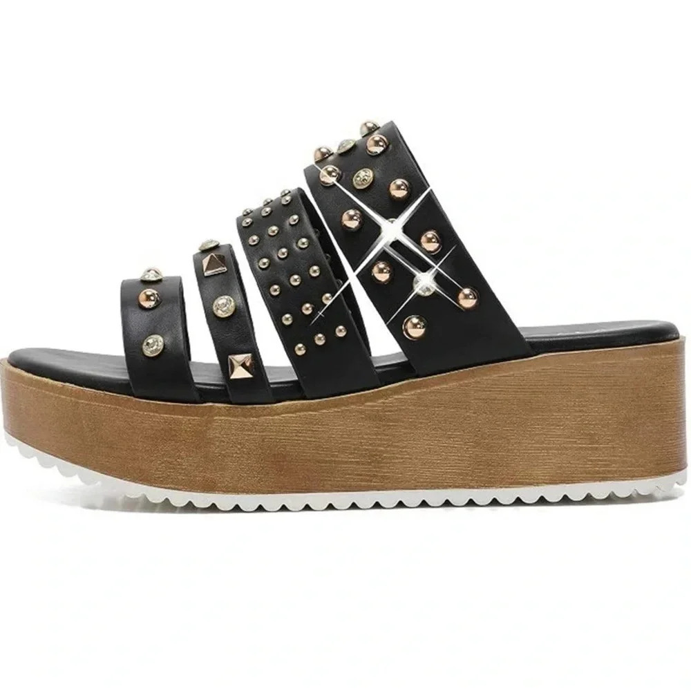 Mackin J Studded Platform Sandals Wedge Slides Black Size 7 New